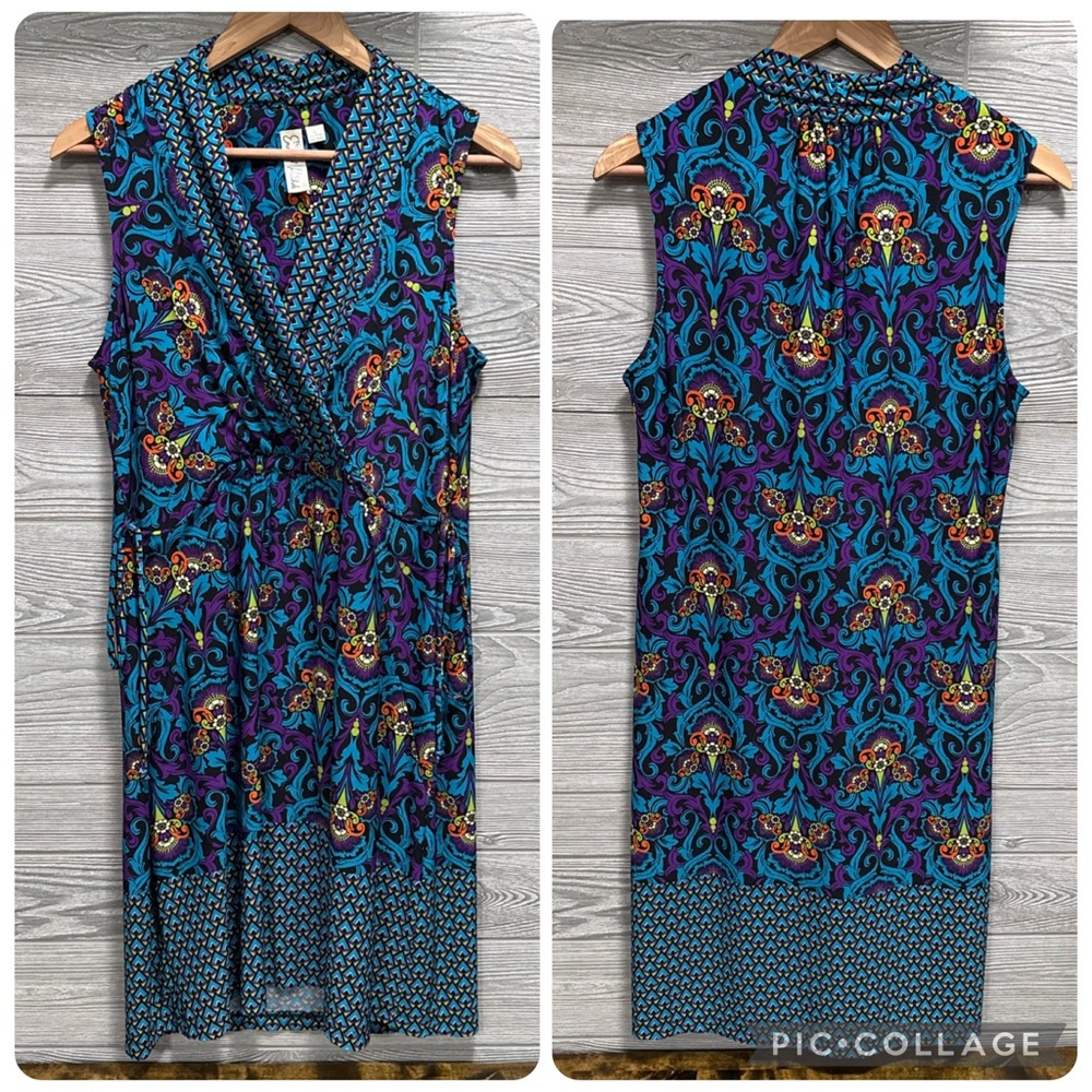 Emma Michele Psychedelic Paisley Faux Wrap Dress Size L Sleeveless Boho Eclectic